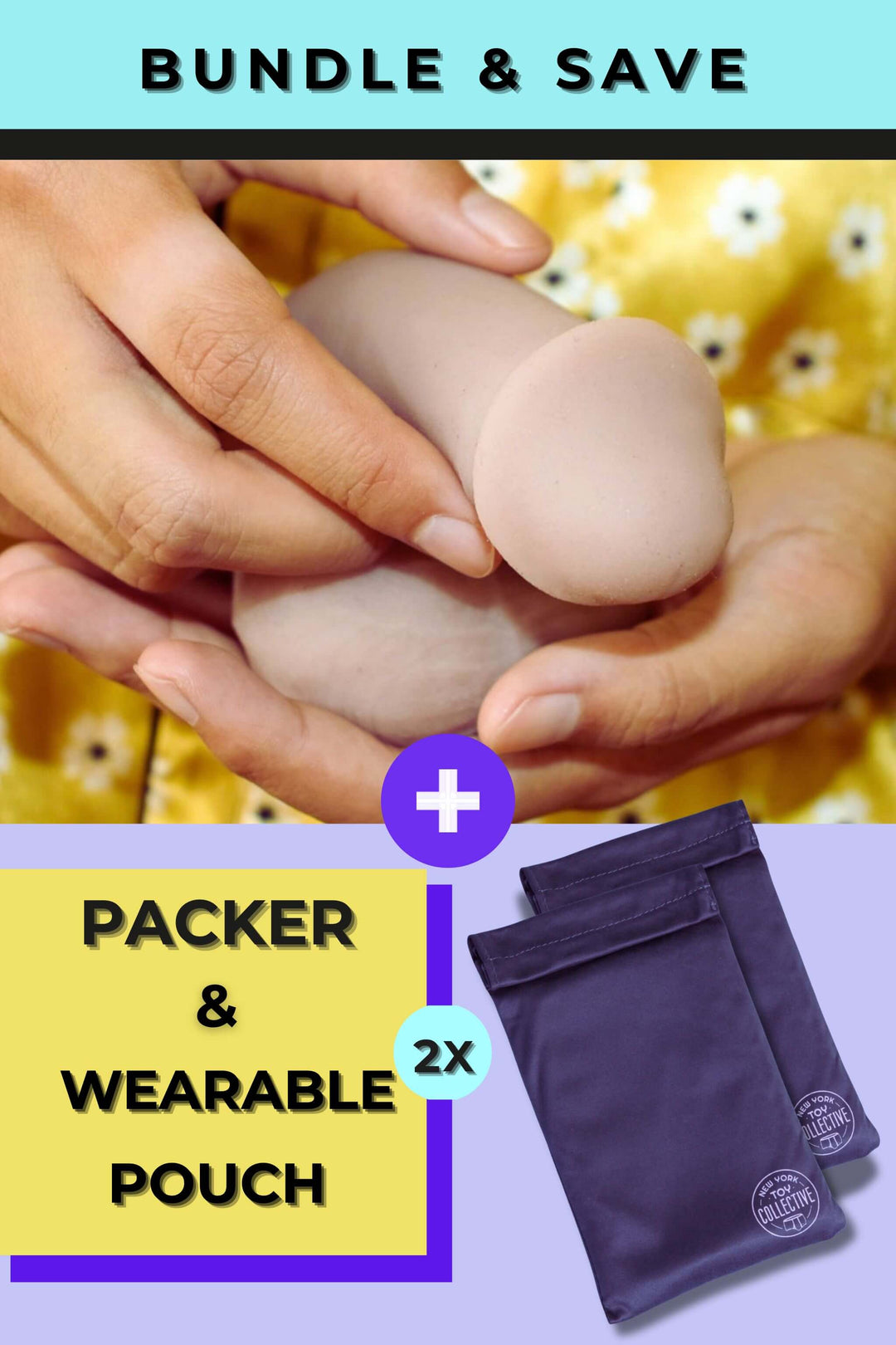 Hands holding a product with a purple pouch and text overlay on a yellow and purple background