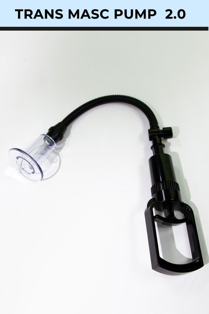 Black pump with flexible hose on a white background, labeled 'TRANS MASC PUMP 2.0'.
