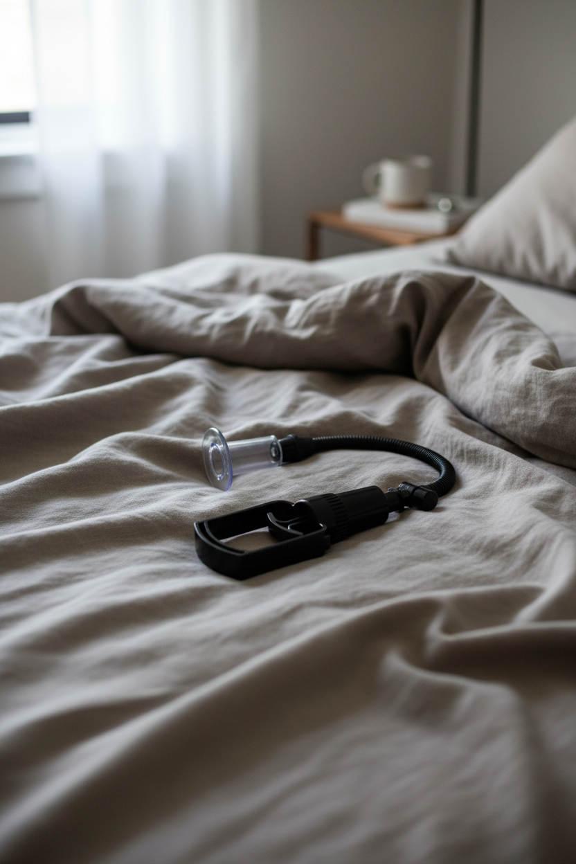 Black vacuum cleaner hose on a bed with light-colored bedding.