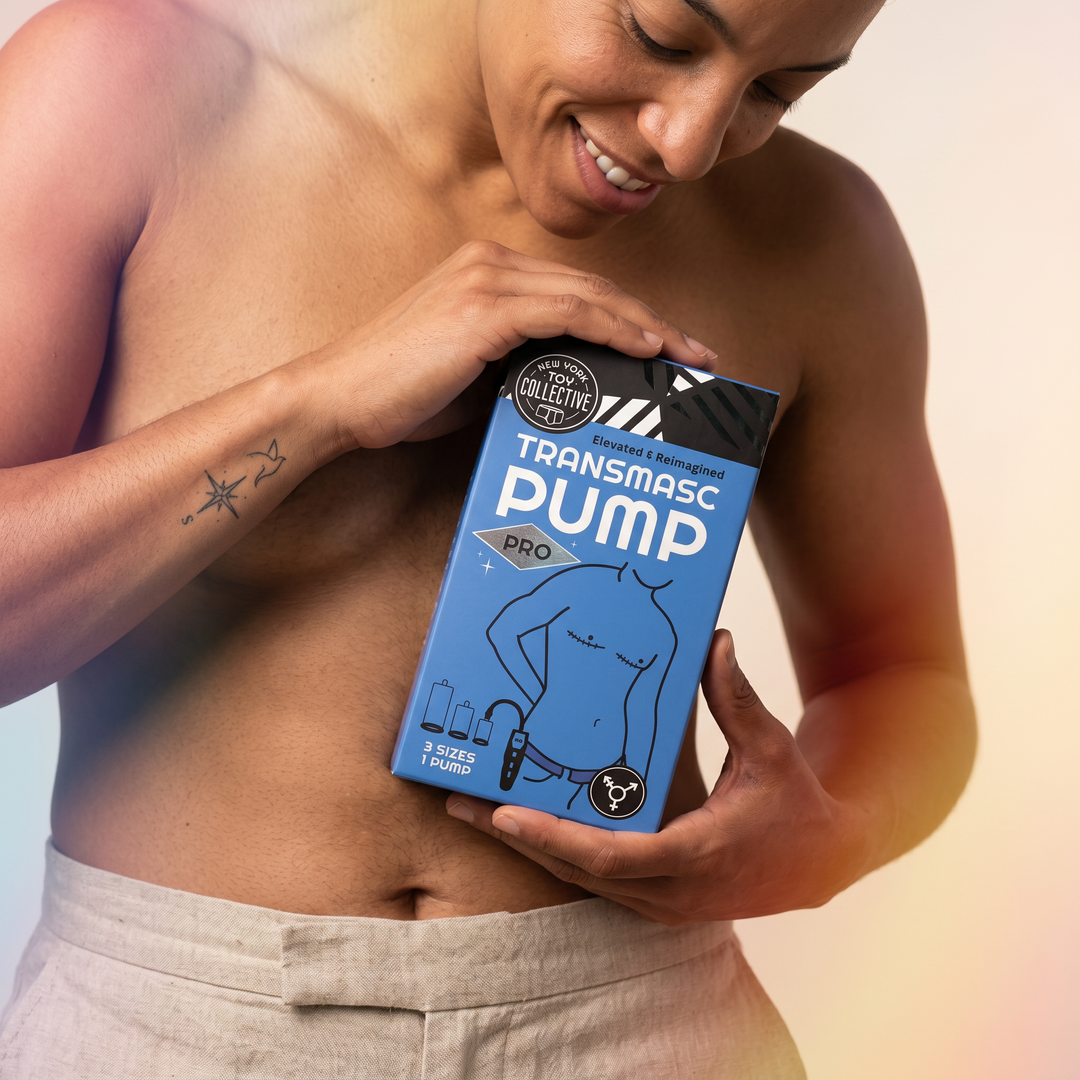 Person holding a box labeled 'Transmasc Pump' against a gradient background