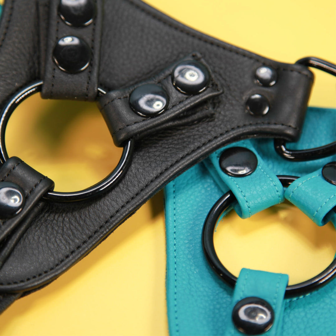 Signature handcrafted leather strap-on harness with black hardware by New York Toy Collective