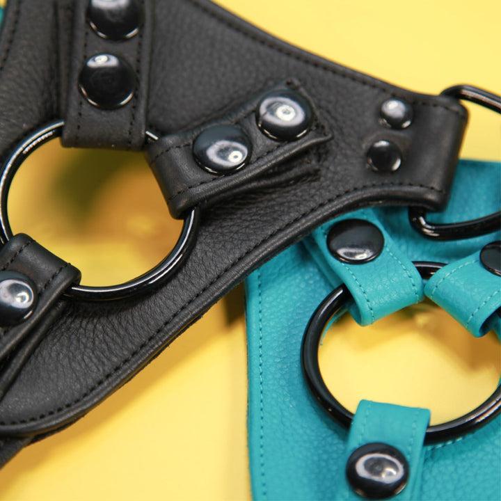 Signature handcrafted leather strap-on harness with black hardware by New York Toy Collective