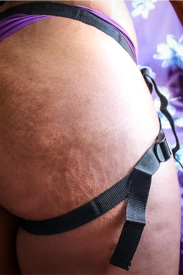 Back straps of beginner friendly neoprene strap-on harness by New York Toy Collective